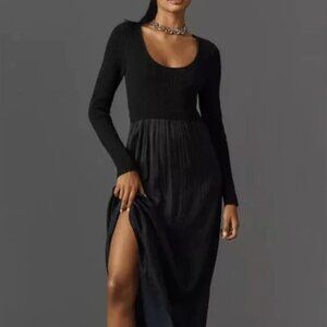 By Anthropologie The Thea Long-Sleeve Twofer Maxi Dress Scoop Neck black | MP